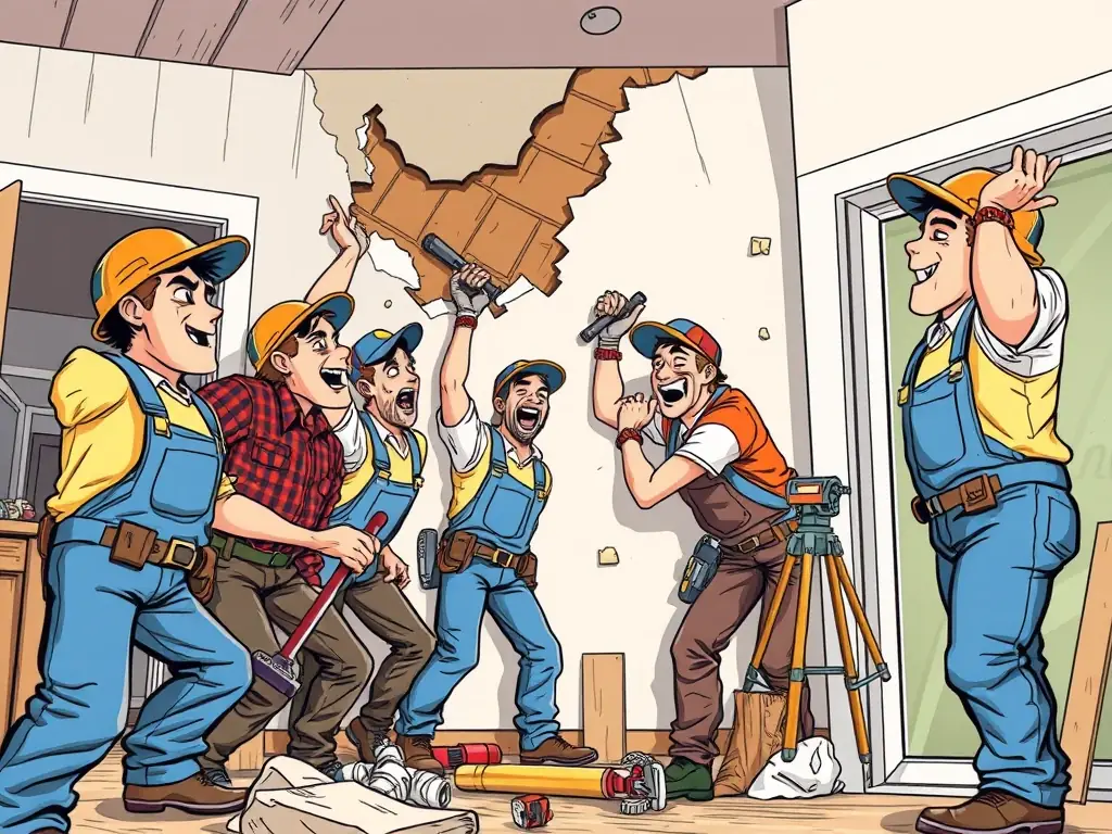 A team of skilled workers repairing a damaged wall in a home, demonstrating Lion Dekorasyon's repair service.