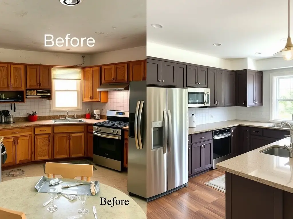A before-and-after image of a kitchen renovation project, highlighting the transformation achieved by Lion Dekorasyon.