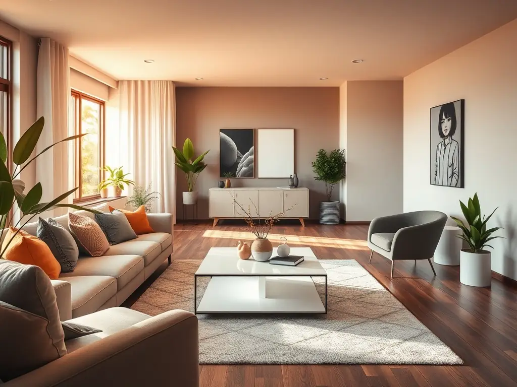 A beautifully decorated living room with modern furniture and stylish accessories, showcasing Lion Dekorasyon's home decoration service.