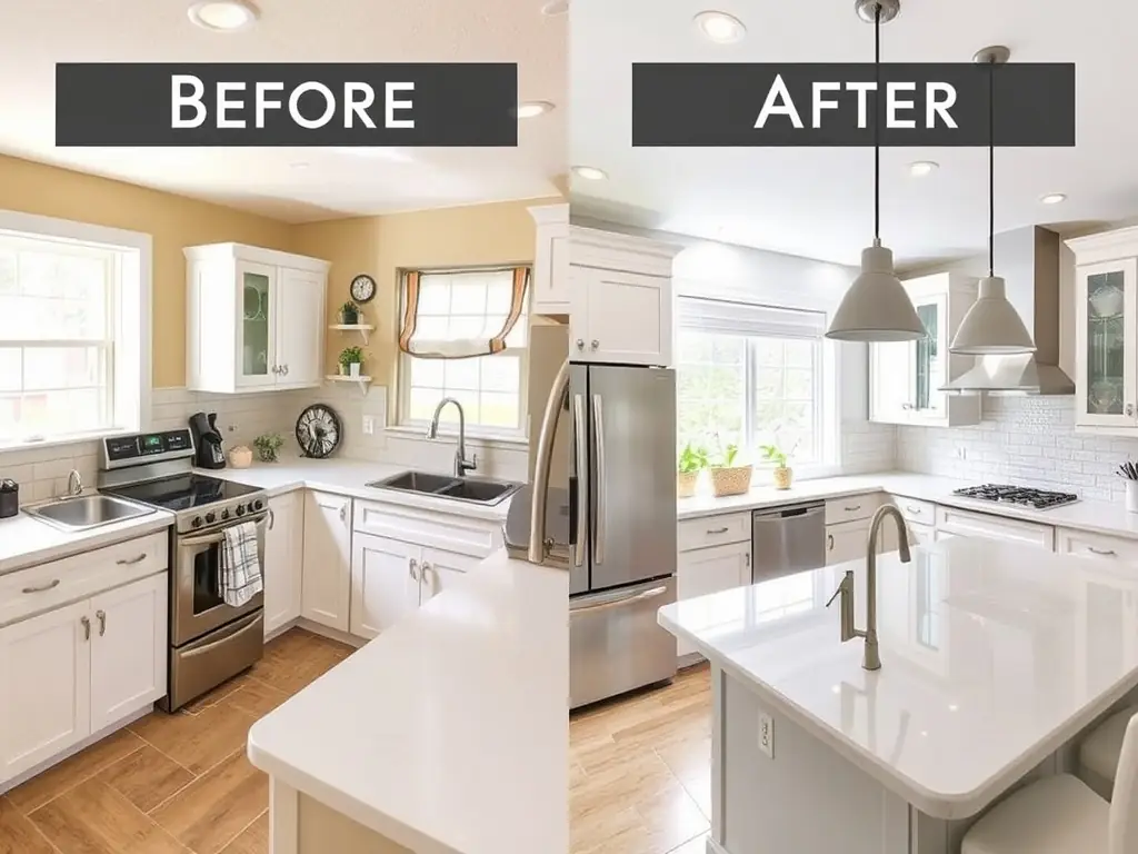A before-and-after image of a renovated kitchen, highlighting the transformation achieved by Lion Dekorasyon's repair and renovation services.